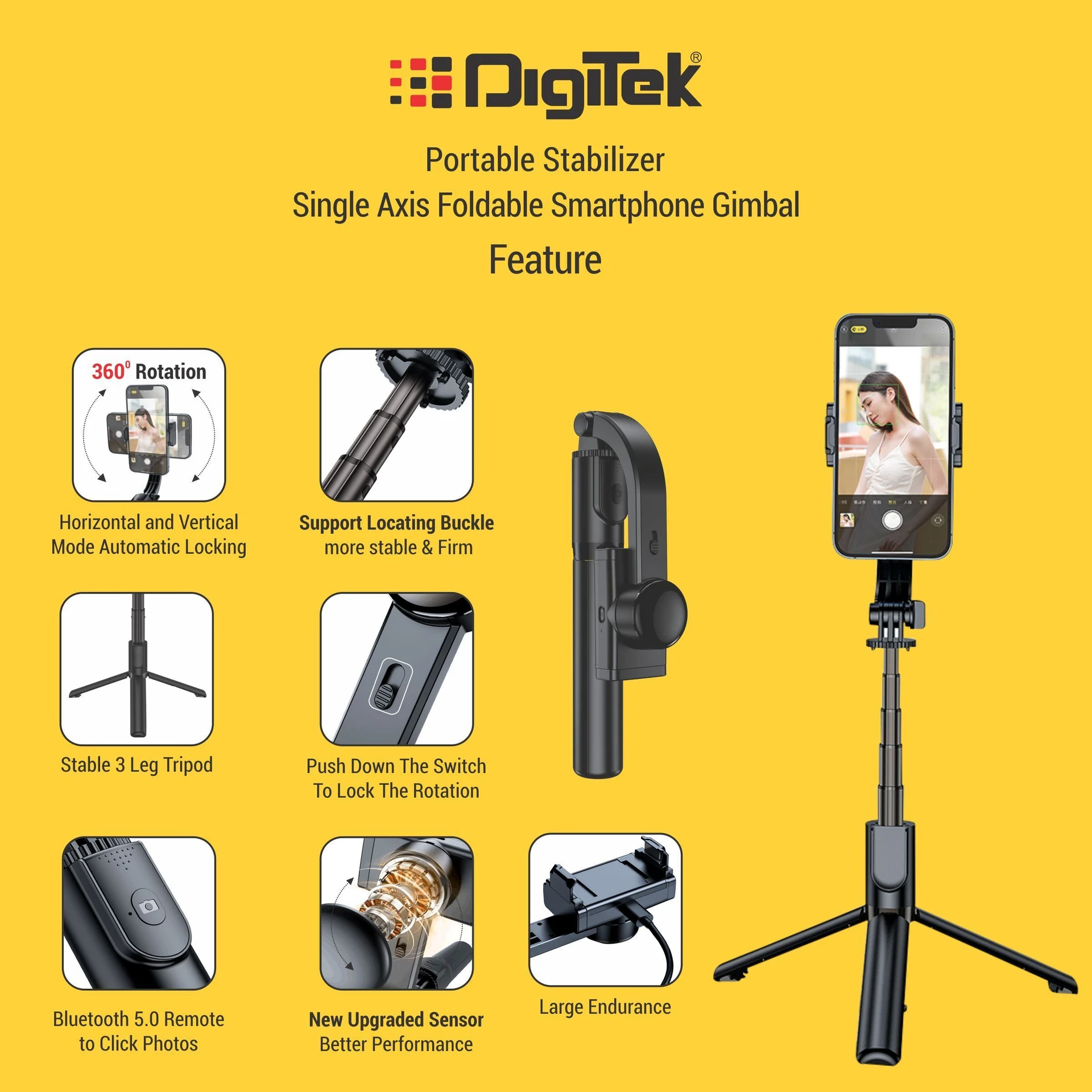 Digitek DSG 004 Single Axis Auto Balanced Foldable Tripod Smartphone Gimbal And Selfie Stick with Bluetooth Remote - Image 2