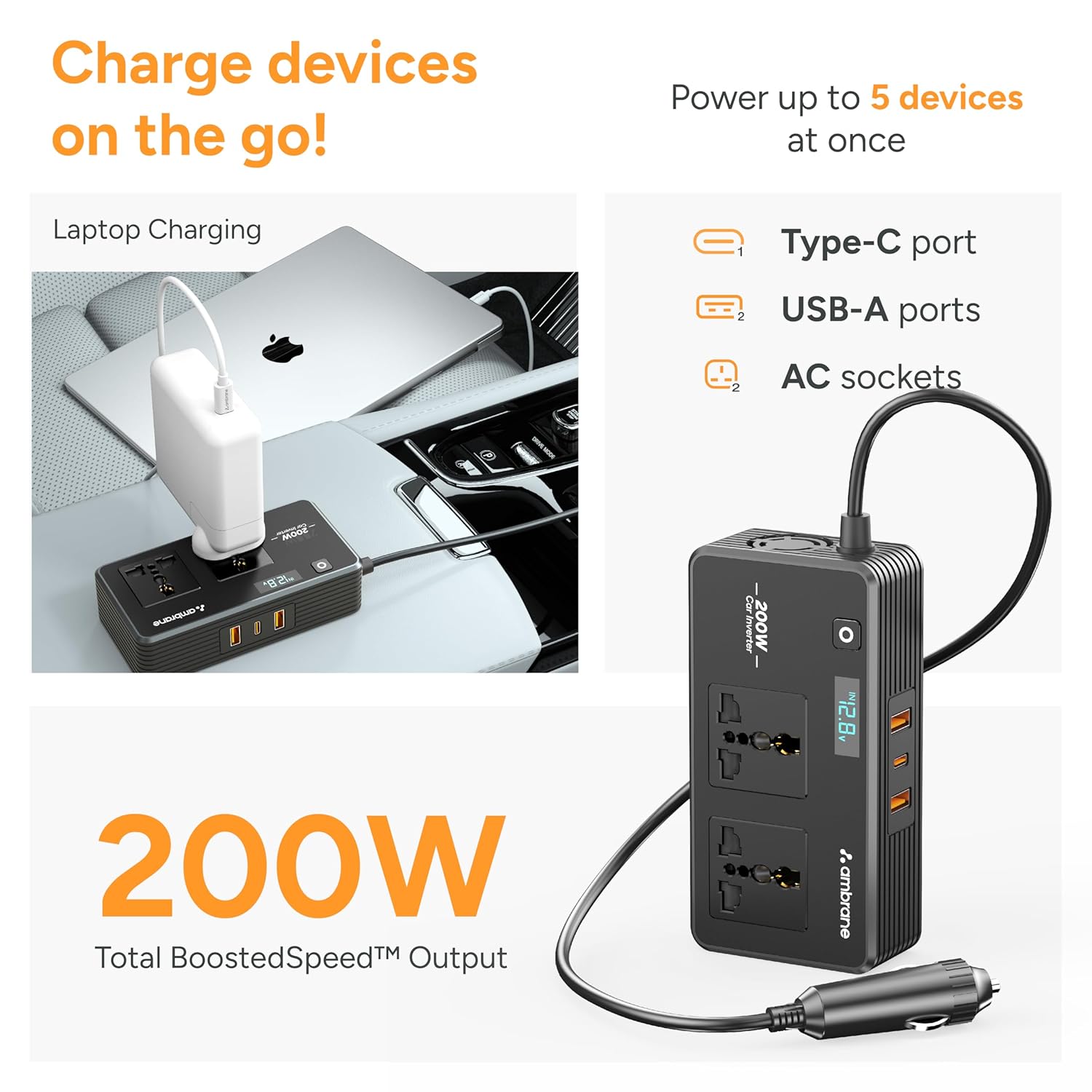 Ambrane 200W Car Power Inverter/Laptop Charger, Charge 5 Devices, 1 Type C 33W PD, 2 USB 22.5W QC, 2 AC Universal Outlets, Safe Charging Technology, For All 12V DC Socket Cars, SmartStrip Auto, Black - Image 2
