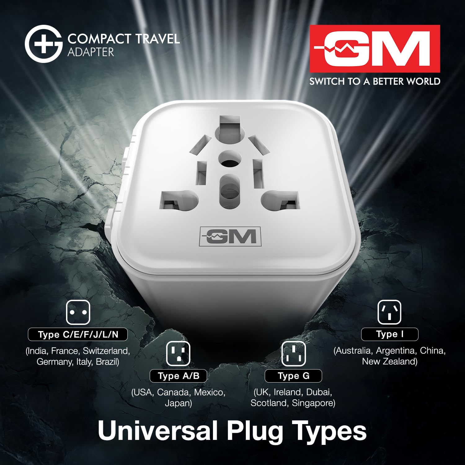 GM G+ Compact Travel Adapter, Universal All-in-One Worldwide Plug (US/UK/EU/AU), Safety Protection, Foldable, Fire-Resistant, 150+ Countries White - Image 3