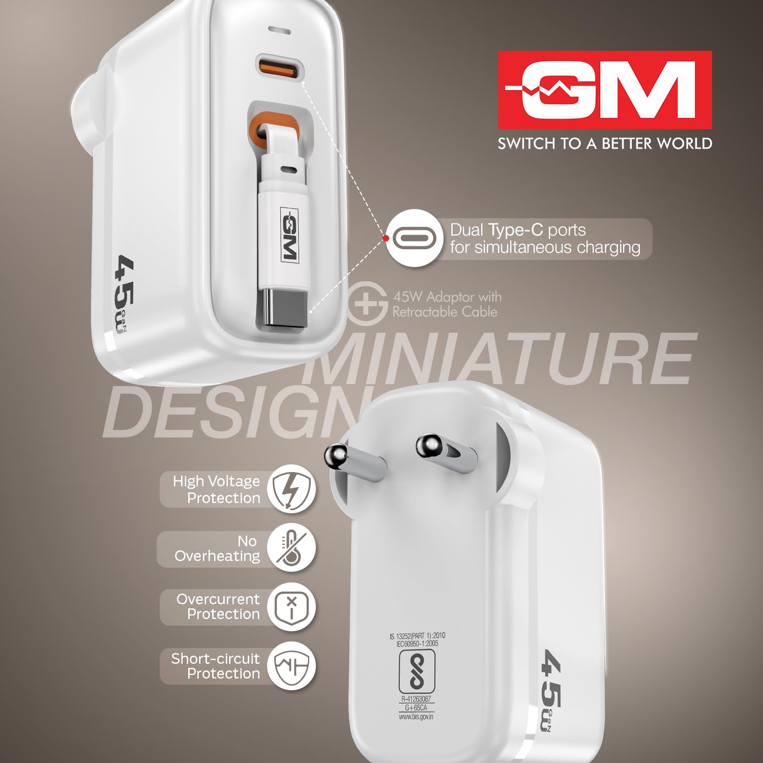 GM G+ 45W Type C All in One Travel Adapter with 70 CM Retractable Cable, GaN Technology Super Fast Charger for Mobile And Laptop White - Image 7