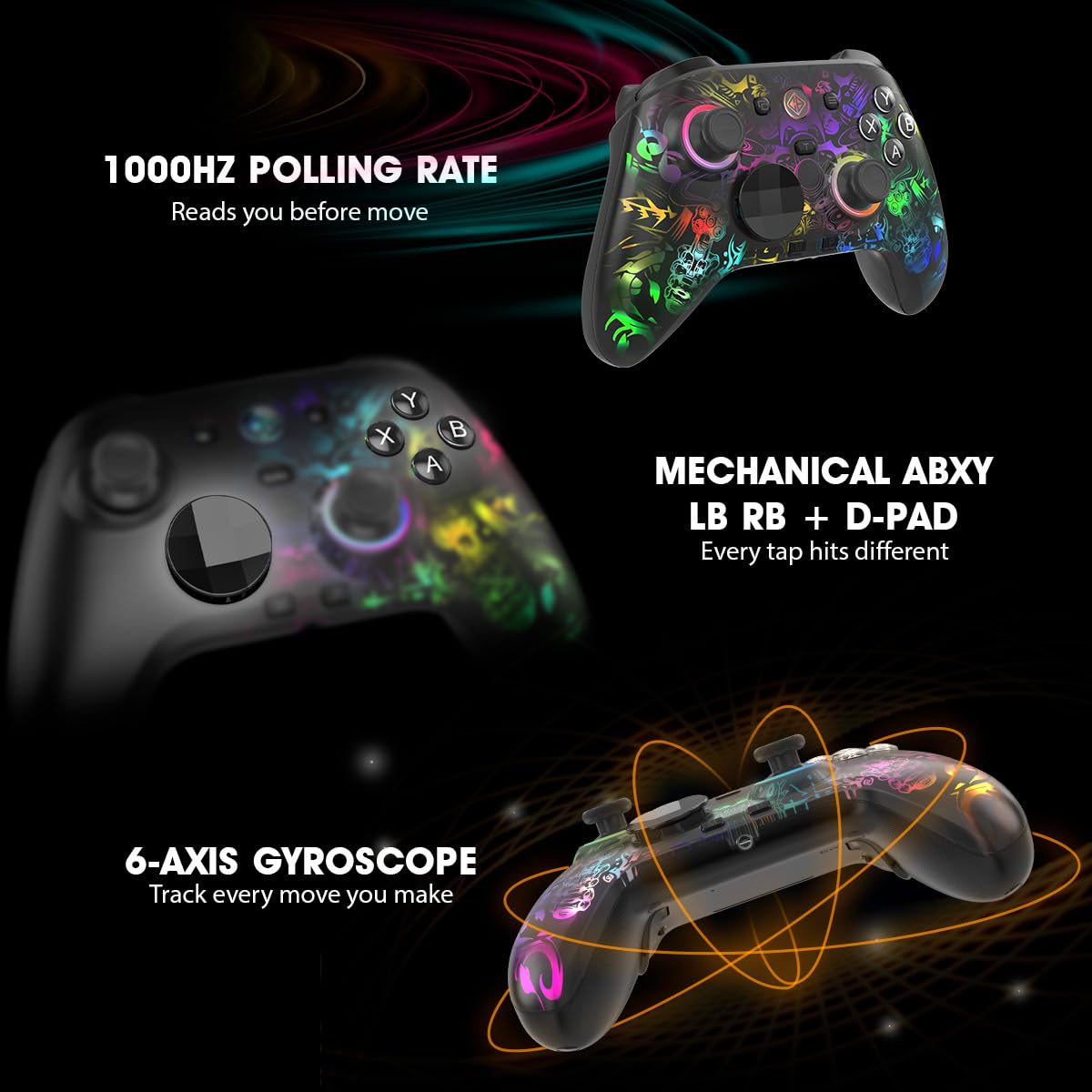 Cosmic Byte Lumora Tri-Mode Controller Stealth Black RGB-Reveal Design, Hall Effect Joysticks &amp; Triggers, Mechanical Buttons, 1000Hz Polling Rate - Image 6