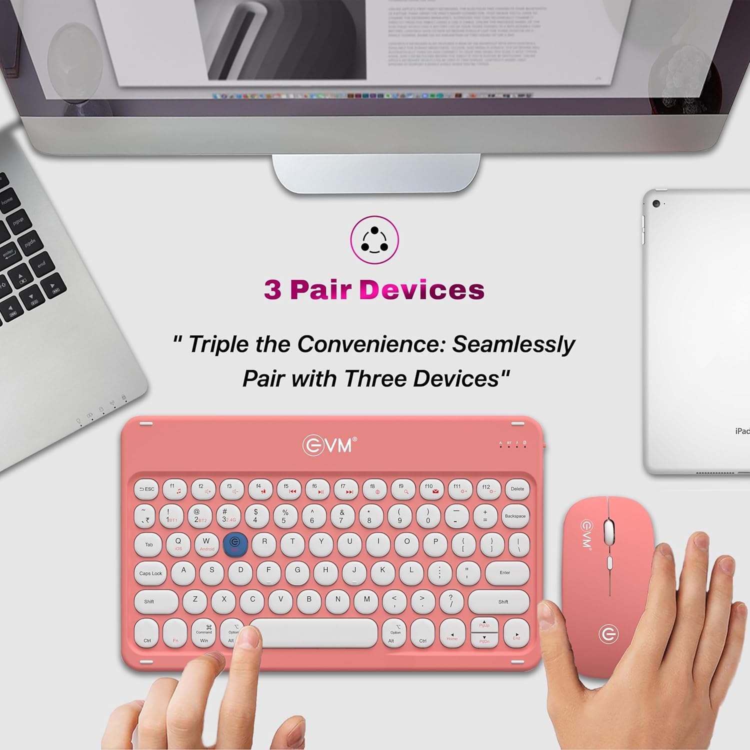 EVM EnArc Wireless Keyboard And Mouse Combo Bluetooth 5.0 + 2.4GHz, Rechargeable, Slim, Silent Keys Peach - Image 7