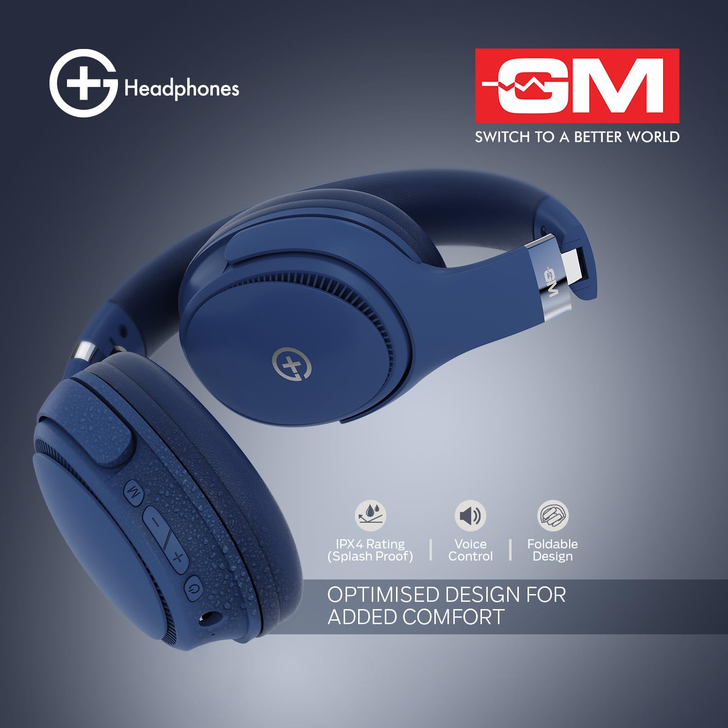 GM G+ Headphones, Over The Ear Headphones with Mic, BT 5.3, Pure Bass, 45ms Low Latency, Dual Pairing, 4 Play Modes (FM, Radio, SD Aux) 55H Blue - Image 5