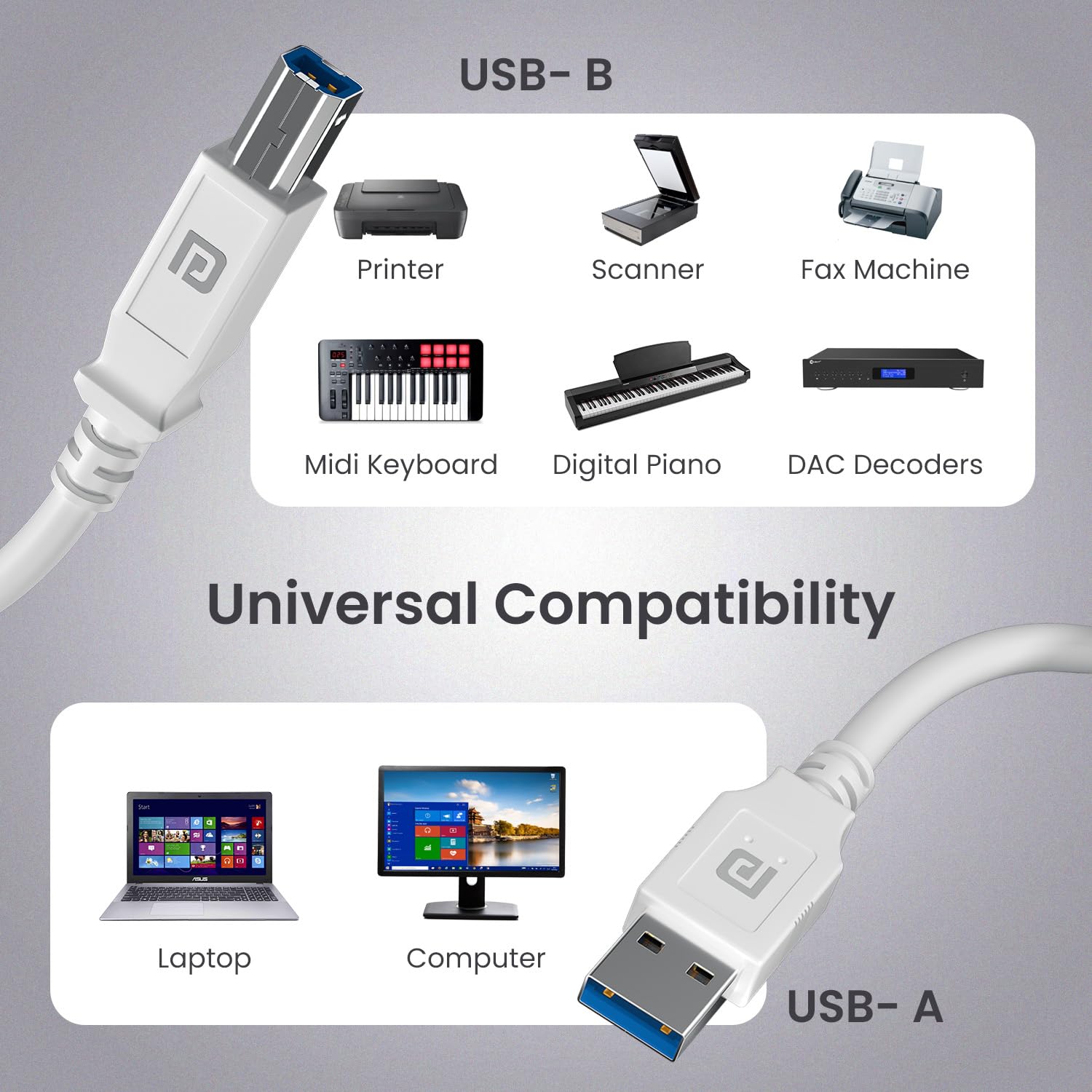Portronics POR 2849 PrintLink 1.5 Printer Cable with USB Type-A to USB Type-B Male Connectors, 1.5 Meters / 5 Ft Long, High-Speed Transfer Cord for Printers And Scanners White - Image 8