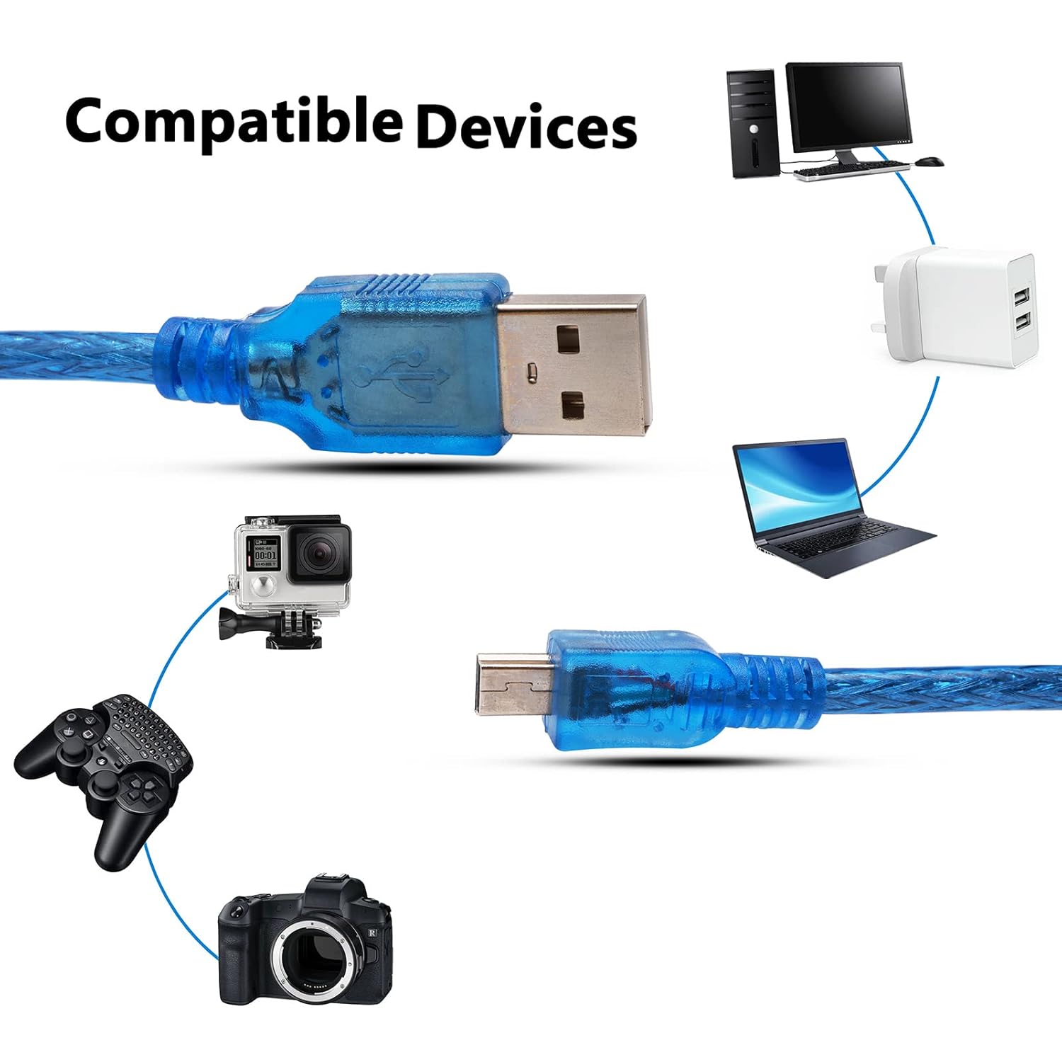Blue Short USB 2.0 A Male To Mini 5 Pin B Male Data Charging Cable 30cm - Image 6