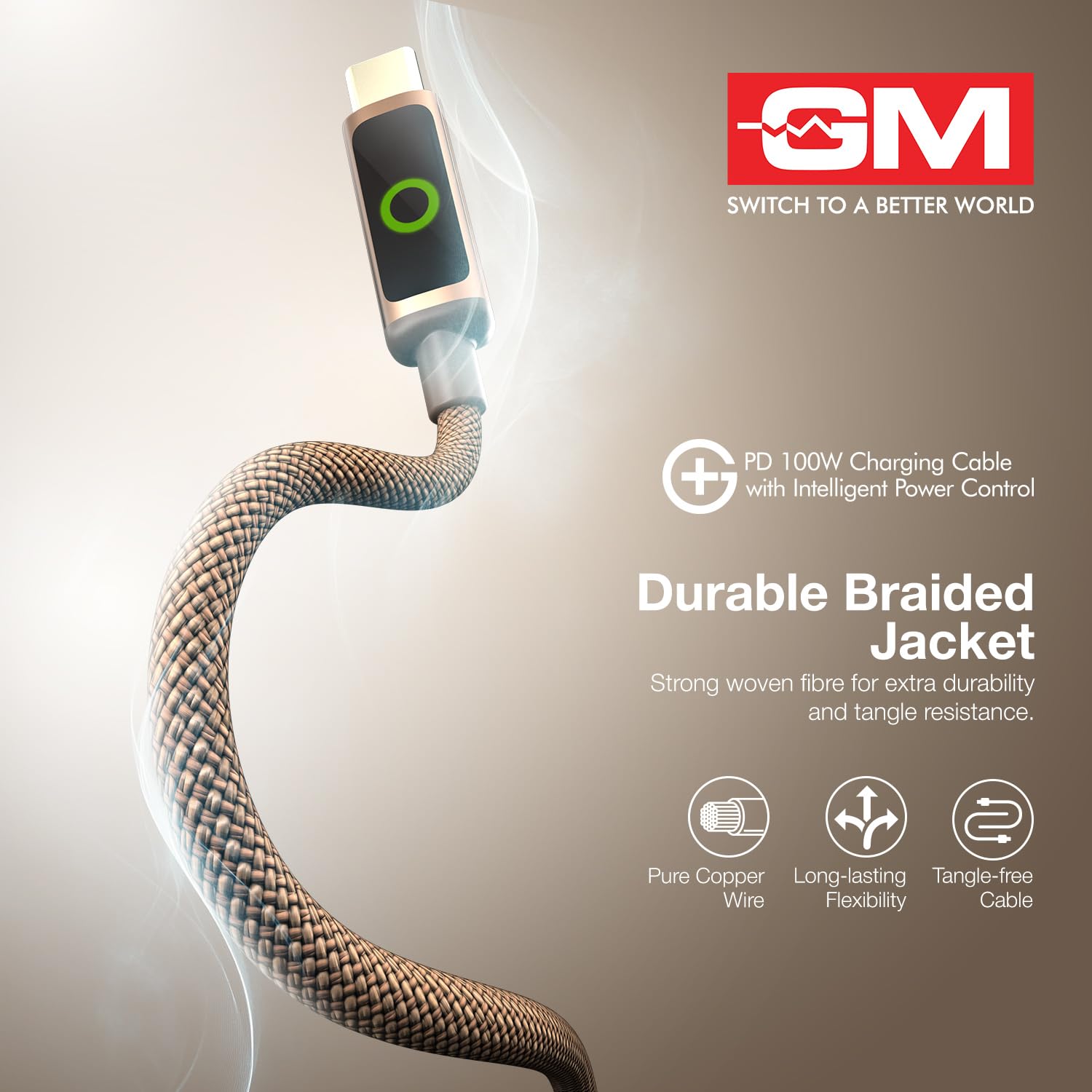 G+ 100W PD Cable Fast Charging Smart Auto Cutoff Laptop Charger 480Mbps Brown - Image 5