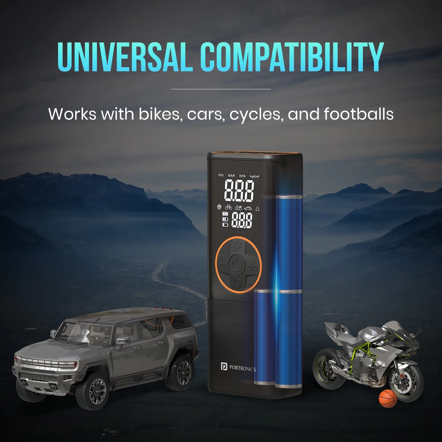 Portronics POR 2154 Vayu 4.0 Tyre Inflator with 2-in-1 Rechargeable & Corded Power, Preset Inflation Modes, Digital Display, Flashlight Torch, 2x 2000 mAh Battery Cells - Image 5