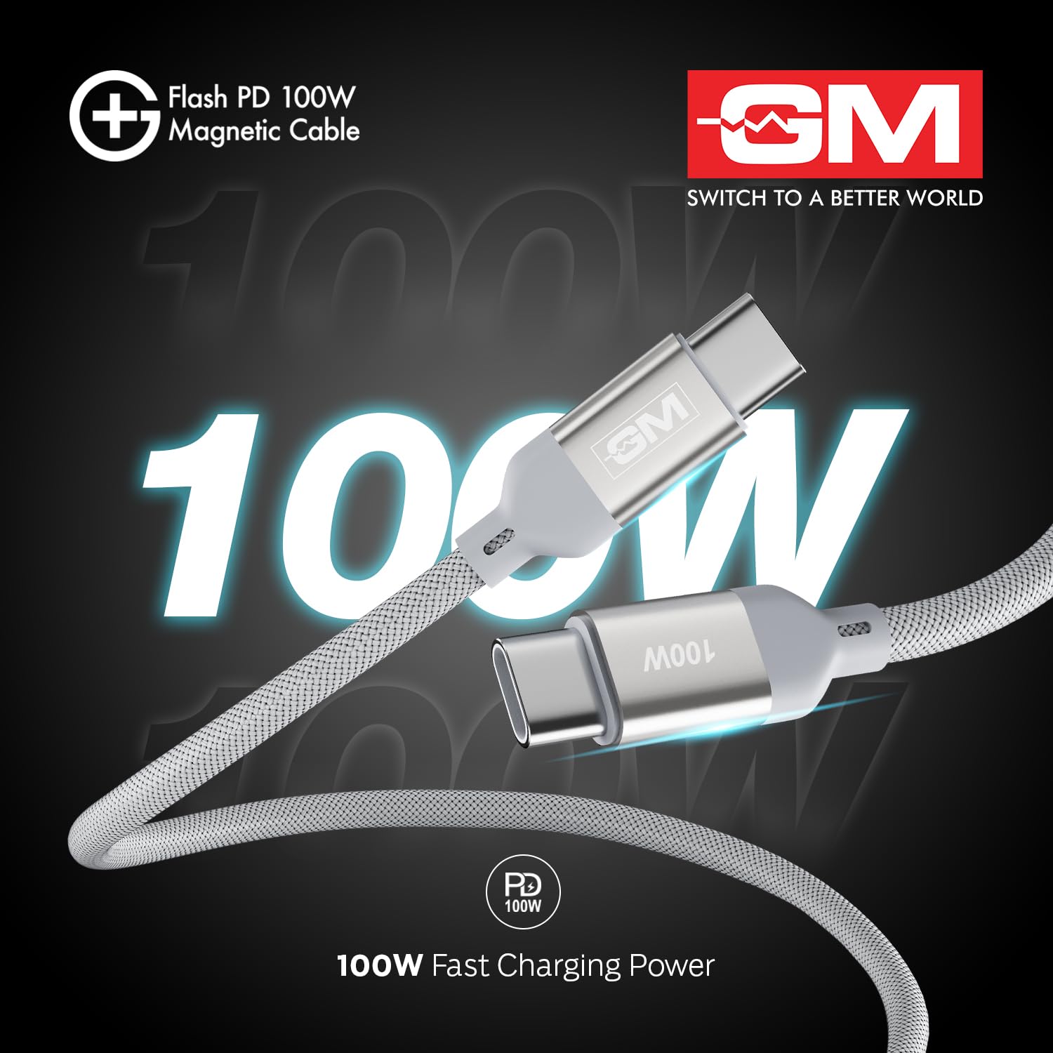 GM G+ Flash PD 100W Magnetic Type C Cable Seamless Charging White - Image 5