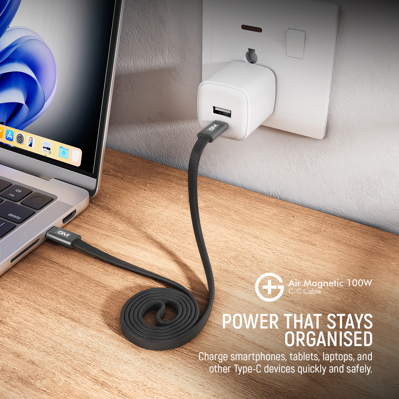 GM G+ Air Magnetic 100W C-C Cable, Tangle-Free Magnetic Design, 480Mbps Data Transfer, Fast Charging for Laptop, Tablet And Phone, 120cm Grey - Image 3