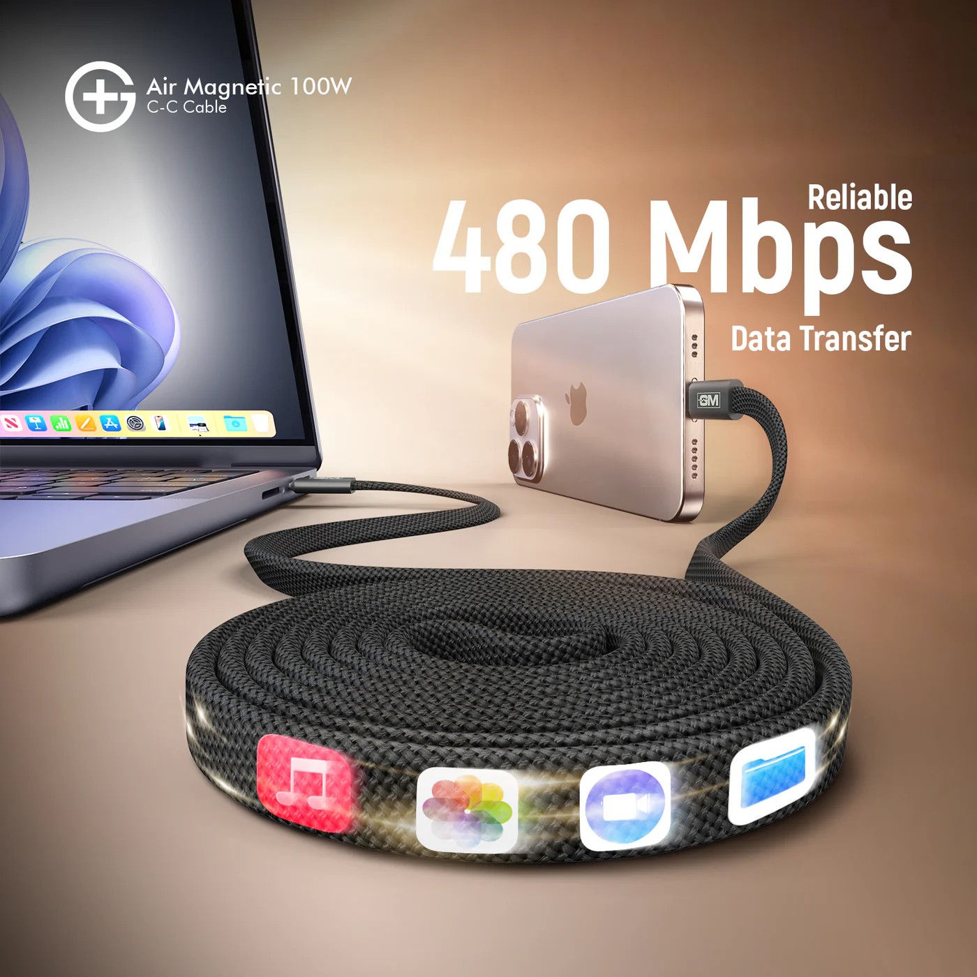GM G+ Air Magnetic 100W C-C Cable, Tangle-Free Magnetic Design, 480Mbps Data Transfer, Fast Charging for Laptop, Tablet And Phone, 120cm Grey - Image 6