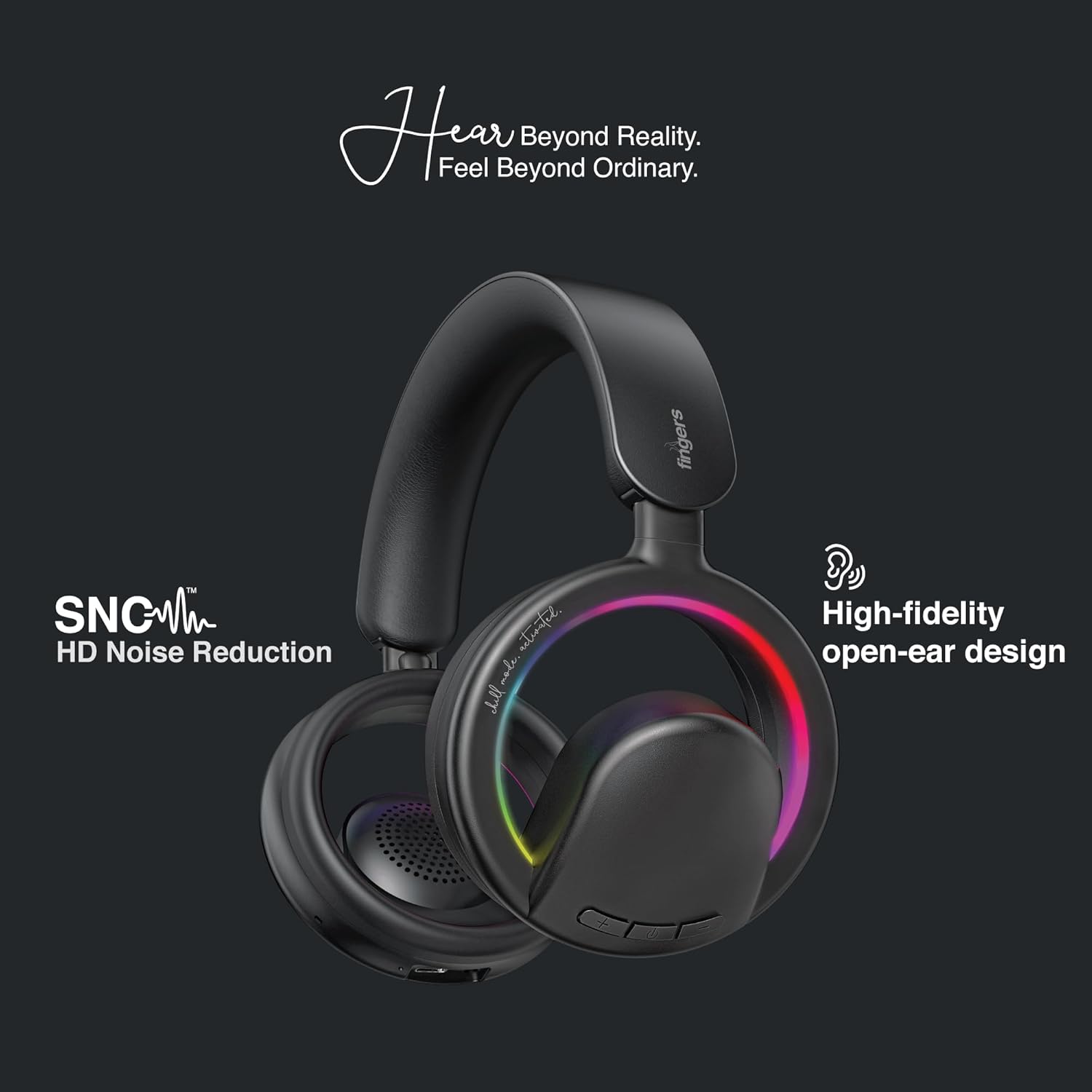 FINGERS ChillRay Open-Ear Wireless Headphones 360° Reality Audio, LED Halo Light Effects, 20 Hrs Playback, Flexible Foldable, Dual Mic Cool Black - Image 4