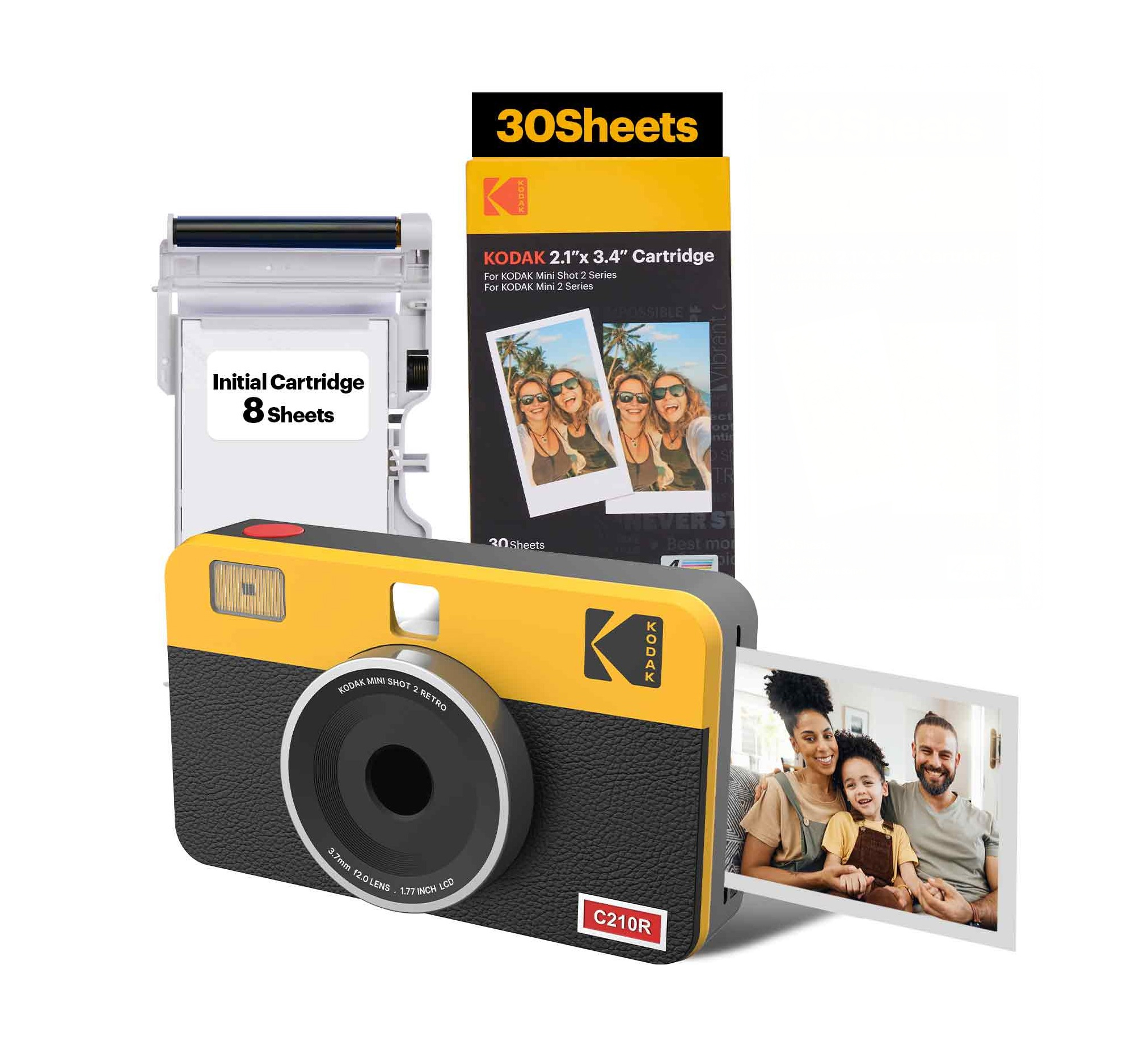KODAK Mini Shot 2 Retro 4PASS 2-in-1 Instant Camera and Photo Printer (Initial 8 Sheets + 30 Sheets) (2.1" x 3.4") - Yellow - Image 1