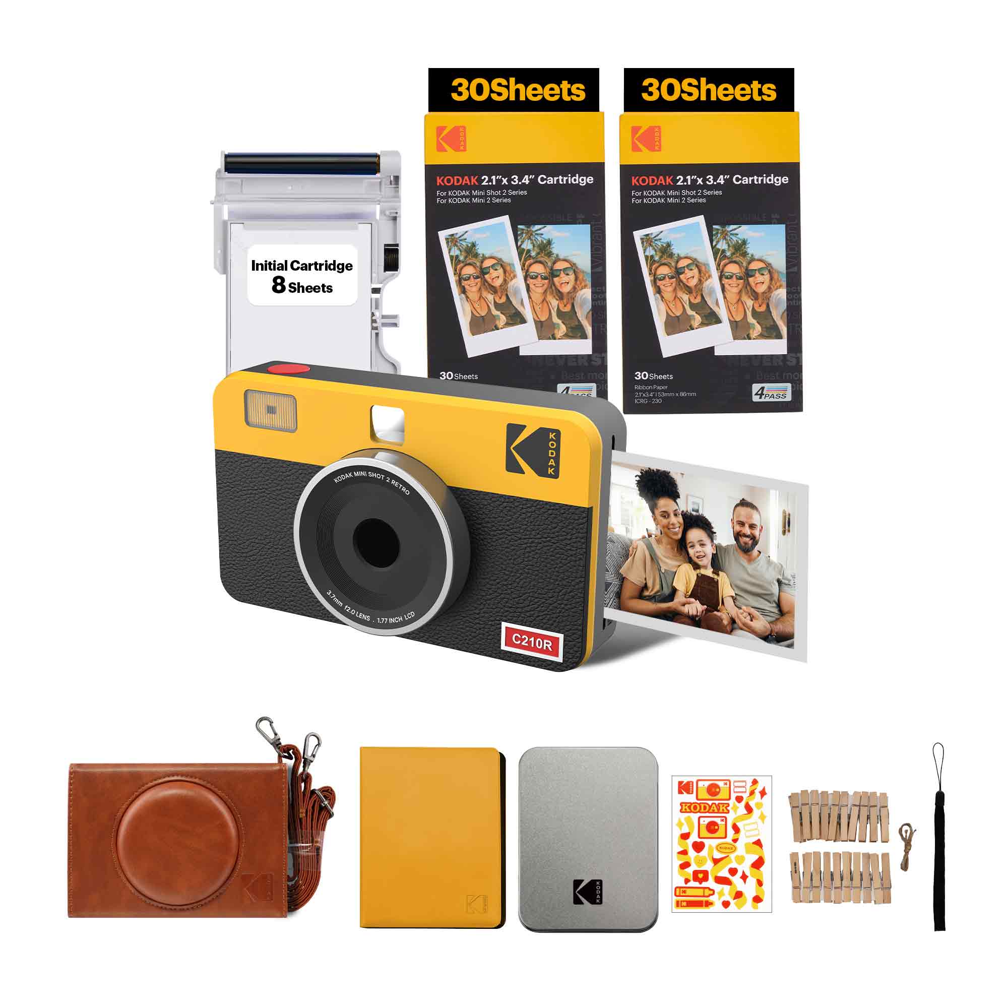 KODAK Mini Shot 2 Retro 4PASS 2-in-1 Instant Camera and Photo Printer (Initial 8 Sheets + 60 Sheets)  + Gift Bundle (2.1" x 3.4") - Yellow - Image 1