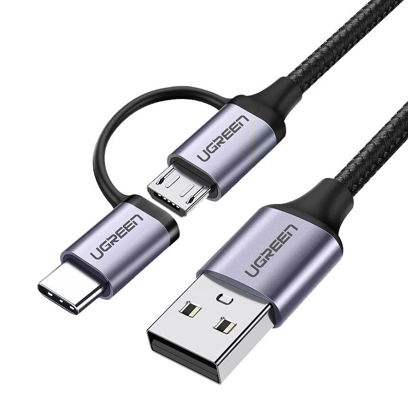 UGREEN US177 USB-A to Micro USB + USB Type-C Cable 1m (Black)-30875 - Image 1