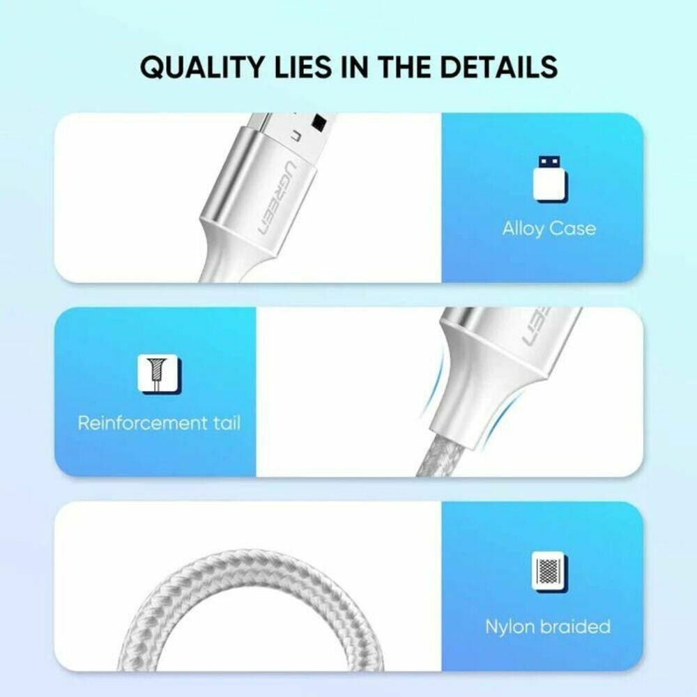 Ugreen US287 USB-A 2.0 to USB-C Cable Nickel Plating 2m (White)-60123 - Image 5