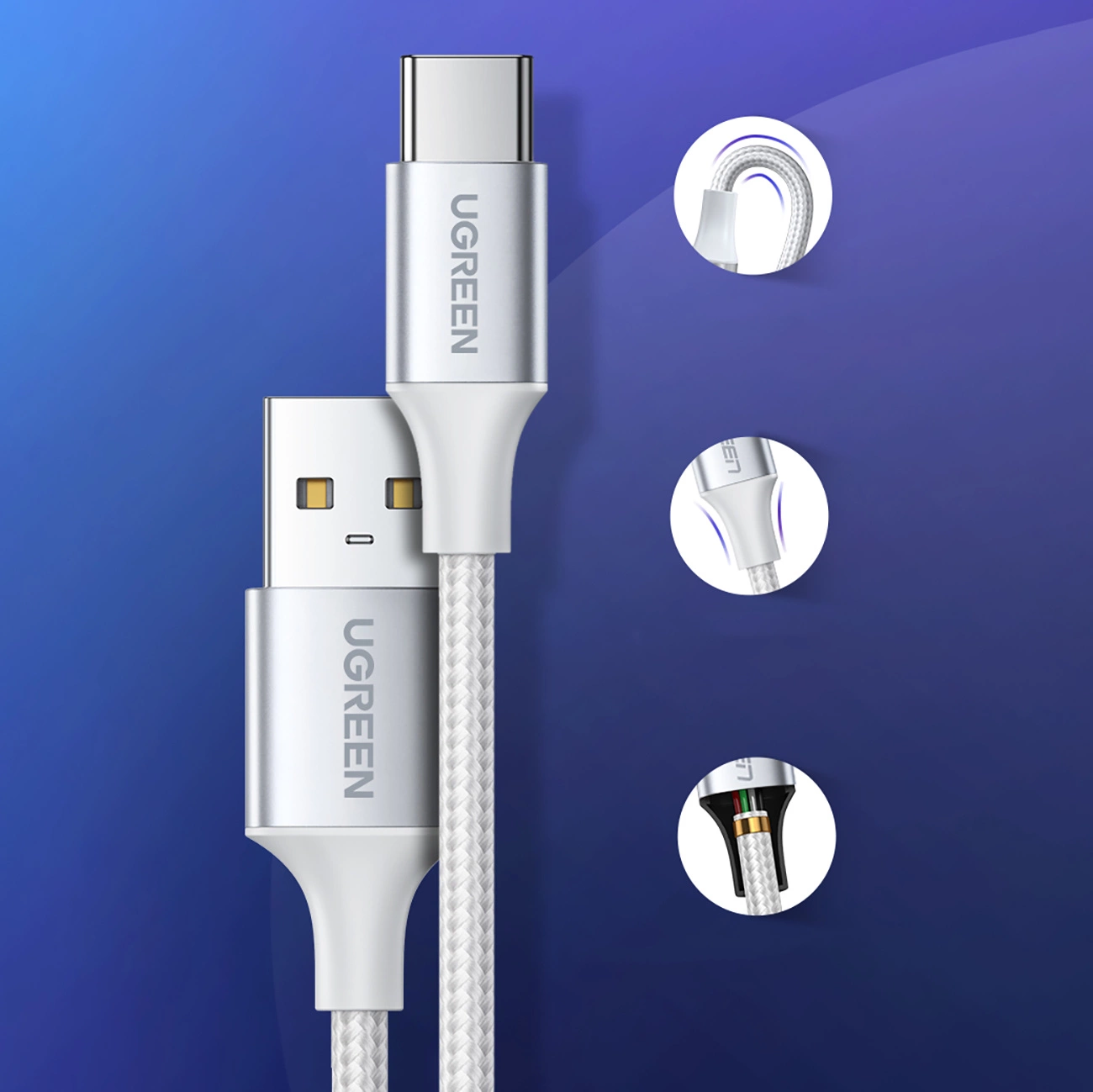 UGREEN US288 USB-A 2.0 to USB-C Cable Nickel Plating Aluminum Braid 1m (White)-60131 - Image 6