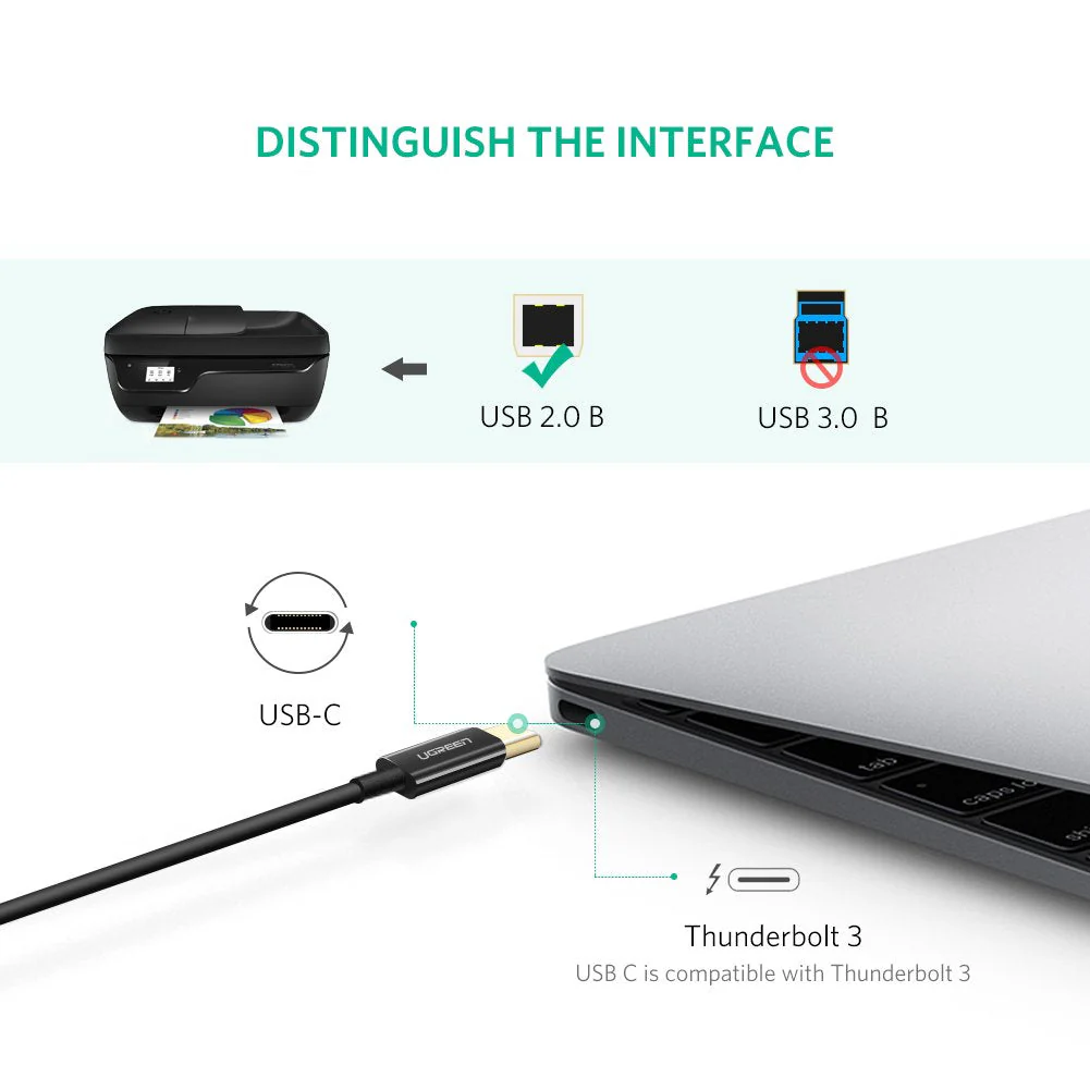 UGREEN US241 USB-C Male to USB-B 2.0 Male Printer Cable ABS Plastic Case 1m (Black)-80811 - Image 7