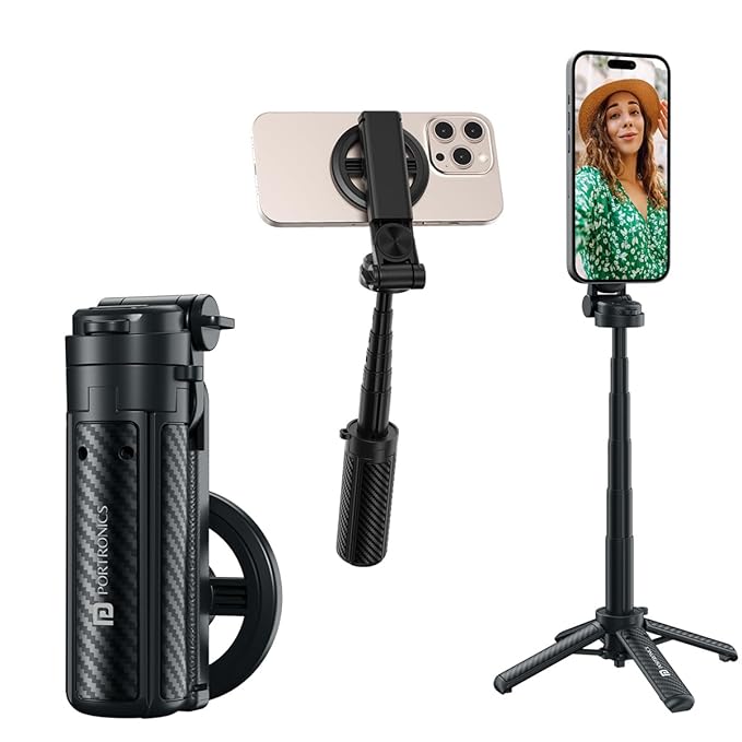 Portronics Lumistick Snap Magnetic Selfie Stick with Quadripod Stand,Detachable Bluetooth Remote, 360° Rotation,Includes Metal Ring - Image 1