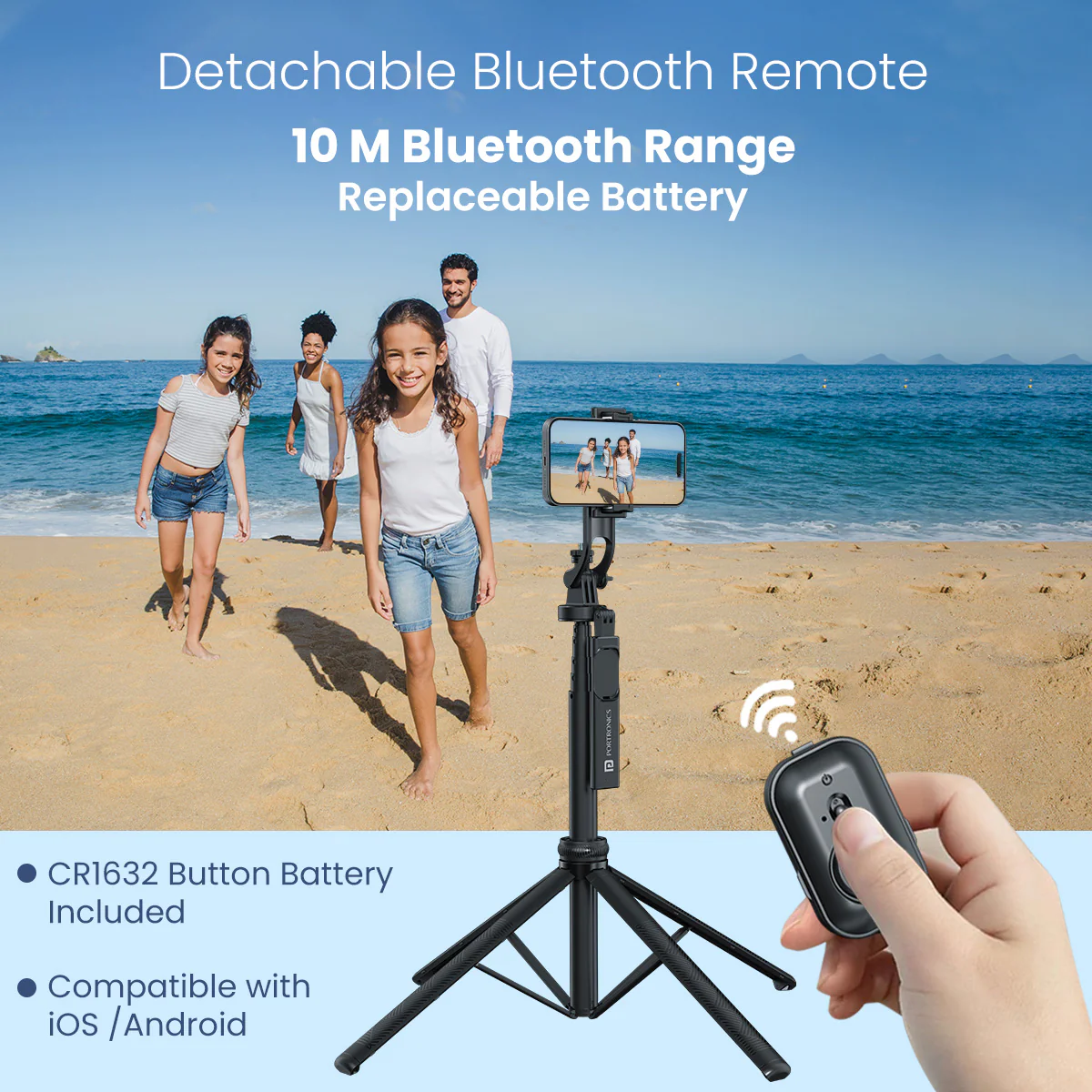 Portronics Lumistick 2 Portable Smart Selfie Stick with Upto 6ft. Tripod Stand, 3 in 1 Multifunctional Design, Detachable Bluetooth Remote Compatible - Image 2
