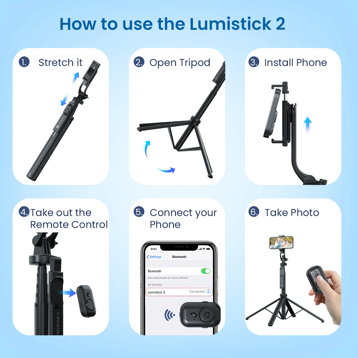 Portronics Lumistick 2 Portable Smart Selfie Stick with Upto 6ft. Tripod Stand, 3 in 1 Multifunctional Design, Detachable Bluetooth Remote Compatible - Image 4