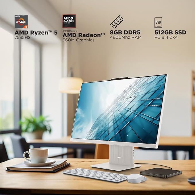 Lenovo AIO Ryzen 5 All-in-One Desktop (8GB RAM/512GB SSD/Win11 /Wireless Keyboard & Mouse) Colour	Cloud Grey - Image 4