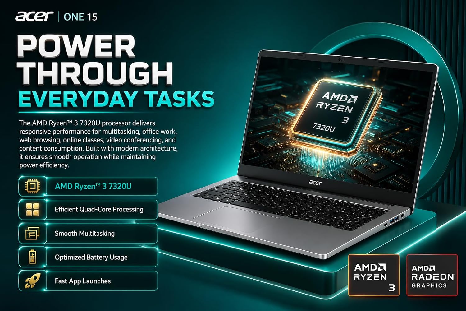 Acer One 15 Laptop (AO15-41M-G2) | AMD Ryzen 3 7320U Processor | 8GB LPDDR5 RAM | 512GB NVMe SSD 15.6" Full HD IPS Display HD Webcam - Image 2