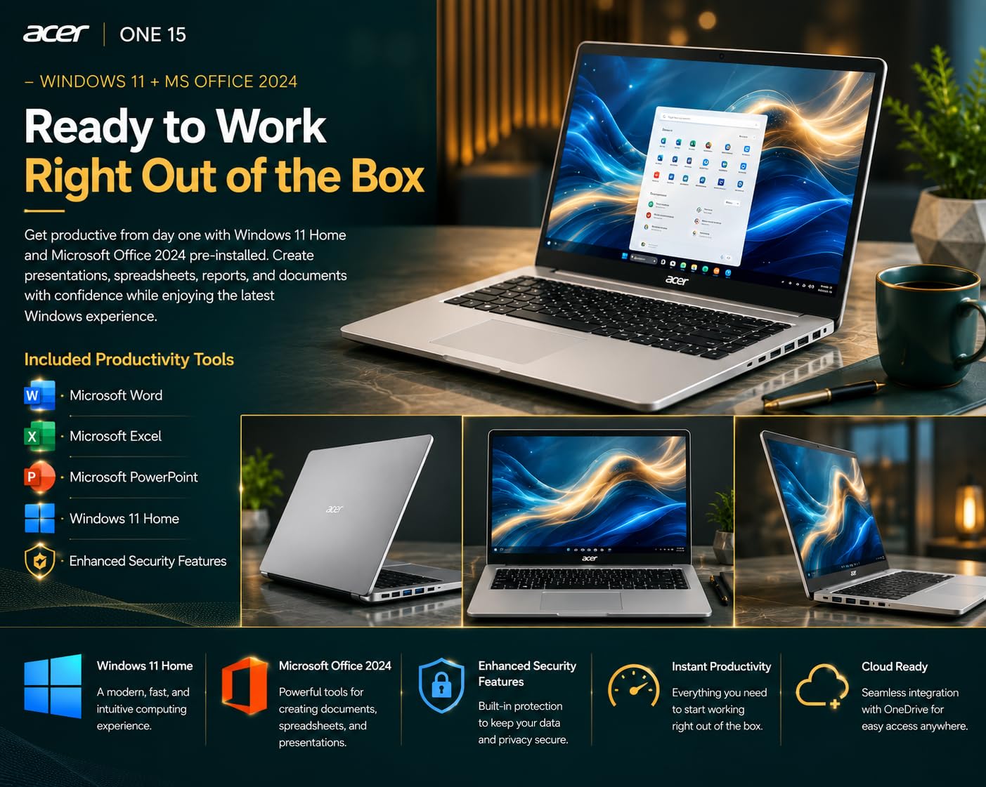 Acer One 15 Laptop (AO15-41M-G2) | AMD Ryzen 3 7320U Processor | 8GB LPDDR5 RAM | 512GB NVMe SSD 15.6" Full HD IPS Display HD Webcam - Image 3