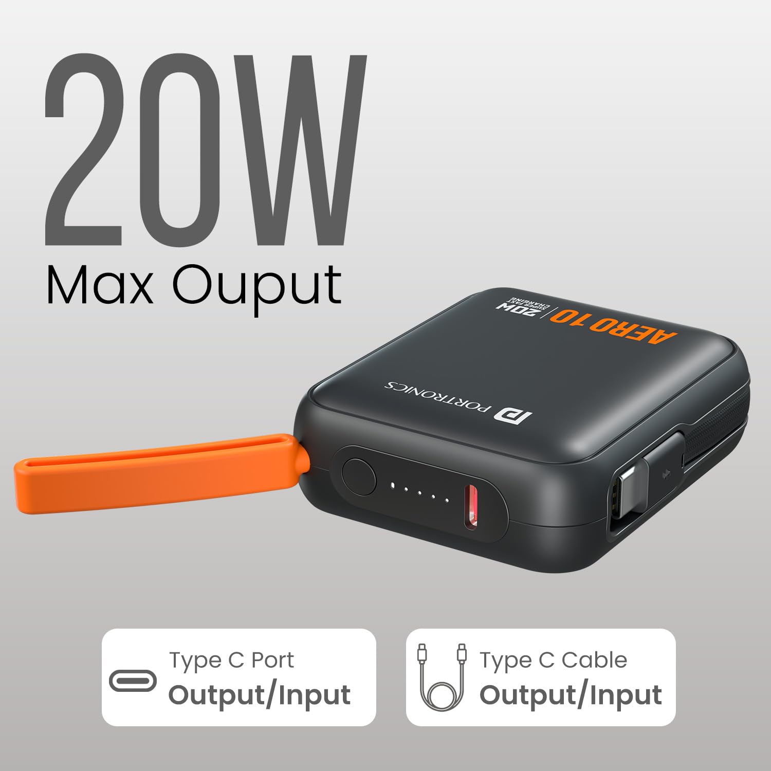 Portronics Aero 10 10000 mAh 20W Fast Charging Mini Power Bank with Detachable Type C Cable, Type C PD Input/Output Port Light Weight (Black) Portronics Aero 10 10000 mAh 20W Fast Charging Mini Power Bank with Detachable Type C Cable, Type C PD Input/Output Port Light Weight (Black) - Image 2