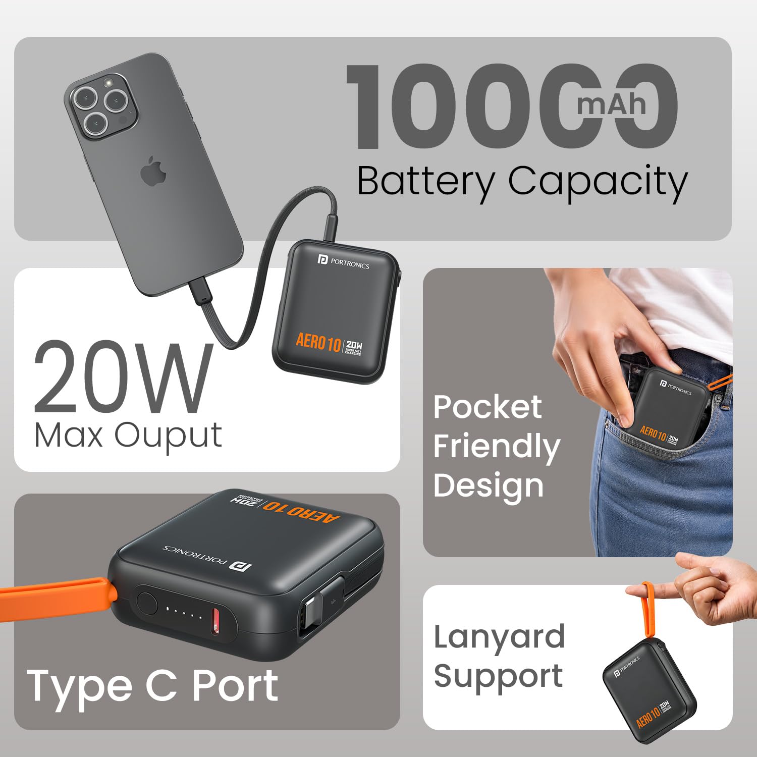 Portronics Aero 10 10000 mAh 20W Fast Charging Mini Power Bank with Detachable Type C Cable, Type C PD Input/Output Port Light Weight (Black) Portronics Aero 10 10000 mAh 20W Fast Charging Mini Power Bank with Detachable Type C Cable, Type C PD Input/Output Port Light Weight (Black) - Image 6