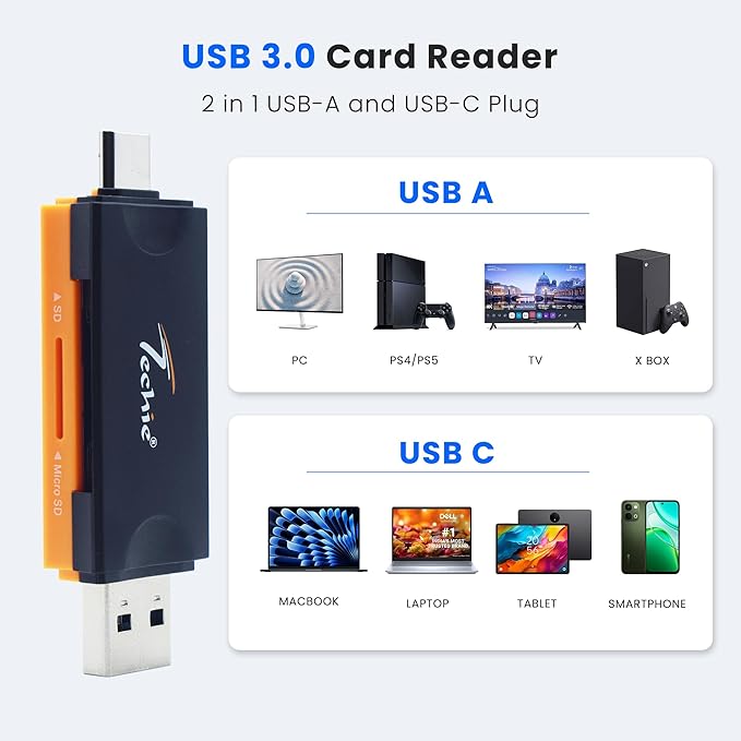 Techie 2 in 1 USB A and USB C Card Reader with SD and Micro SD Slots, Fast Data Transfer, Plug and Play for Laptop, MacBook, iPad Pro, Tablet, Camera Techie 2 in 1 USB A and USB C Card Reader with SD and Micro SD Slots, Fast Data Transfer, Plug and Play for Laptop, MacBook, iPad Pro, Tablet, Camera - Image 3