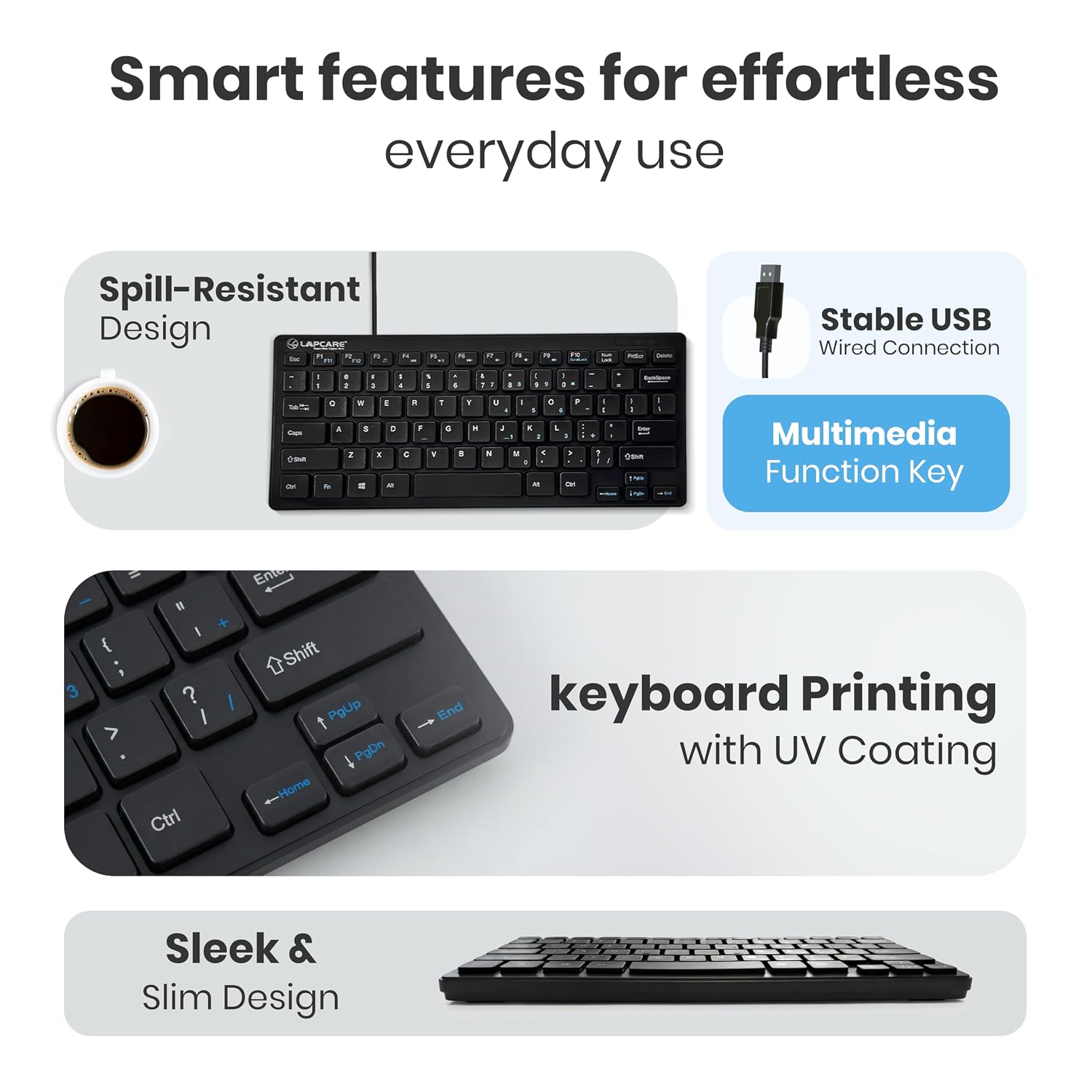 LAPCARE D-Lite Black Mini Wired Keyboard – 87 Key Compact USB Keyboard with Multimedia Fn Keys, Quiet Chocolate Keycaps(Black) - Image 5