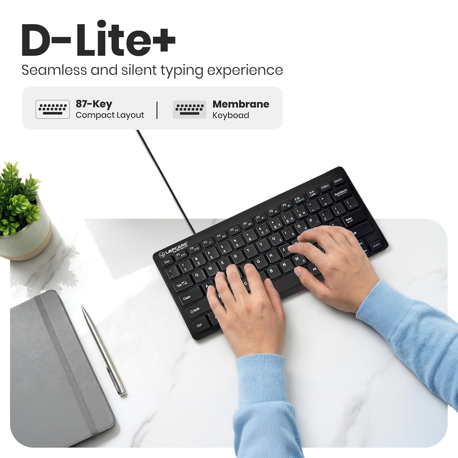 LAPCARE D-Lite Black Mini Wired Keyboard – 87 Key Compact USB Keyboard with Multimedia Fn Keys, Quiet Chocolate Keycaps(Black) - Image 3