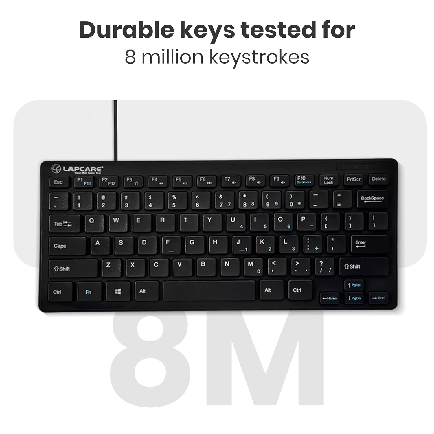 LAPCARE D-Lite Black Mini Wired Keyboard – 87 Key Compact USB Keyboard with Multimedia Fn Keys, Quiet Chocolate Keycaps(Black) - Image 4