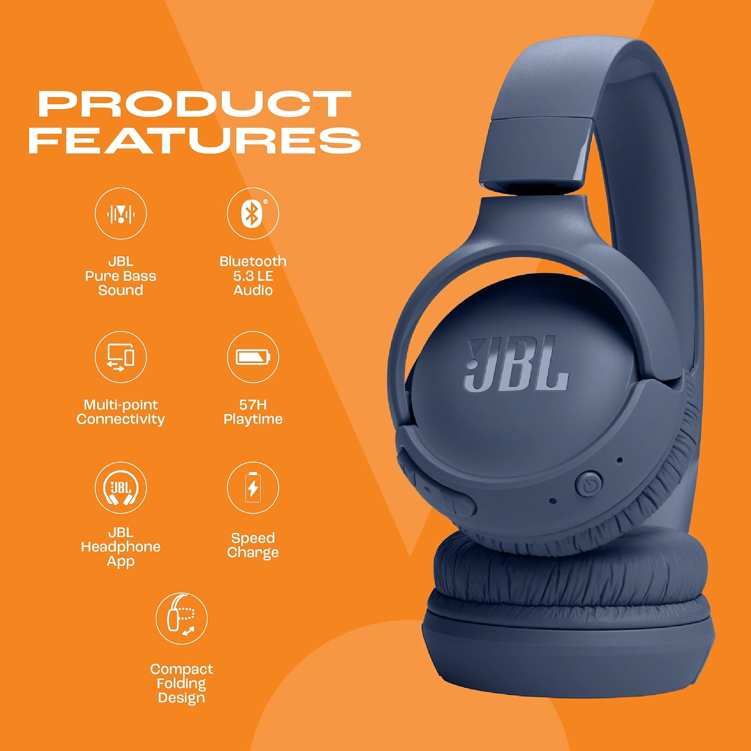 JBL Tune 520BT Wireless On Ear Headphones with Mic, Upto 57H Battery, Speed Charge : 5 Min Charge Gives Up to 3H of Playback, Multipoint JBL Tune 520BT Wireless On Ear Headphones with Mic, Upto 57H Battery, Speed Charge : 5 Min Charge Gives Up to 3H of Playback, Multipoint - Image 2