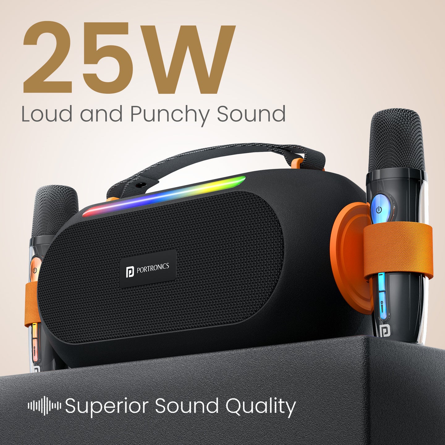 Portronics 25W Apollo 20 Wireless Bluetooth Portable Speaker with Dual Wireless Karaoke Mic, 5 Hour Playtime, RGB LED Light, Bluetooth - Image 1