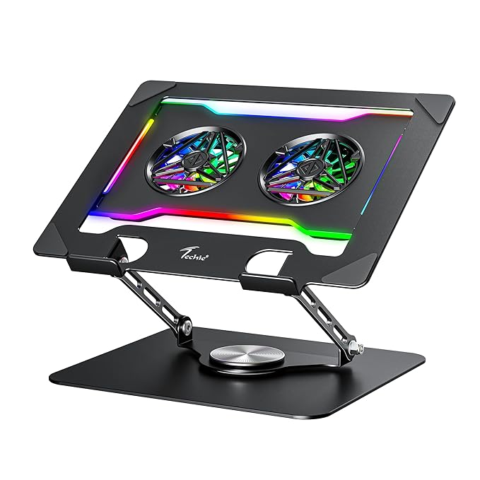Techie Laptop Cooling Stand Laptops and Tablets, RGB Lighting, 360° Adjustable Swivel, Black, Carbon Steel Construction, Tabletop Mount - Image 1