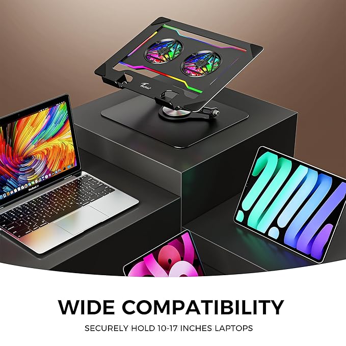 Techie Laptop Cooling Stand Laptops and Tablets, RGB Lighting, 360° Adjustable Swivel, Black, Carbon Steel Construction, Tabletop Mount - Image 2