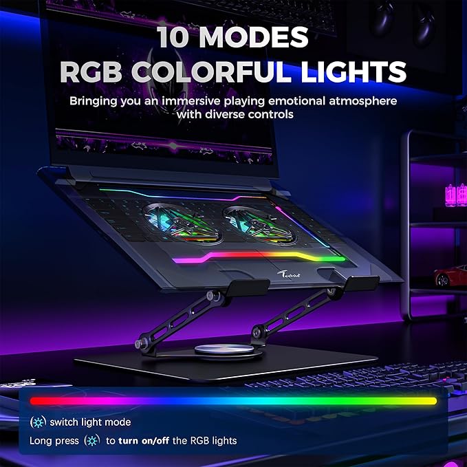Techie Laptop Cooling Stand Laptops and Tablets, RGB Lighting, 360° Adjustable Swivel, Black, Carbon Steel Construction, Tabletop Mount - Image 5