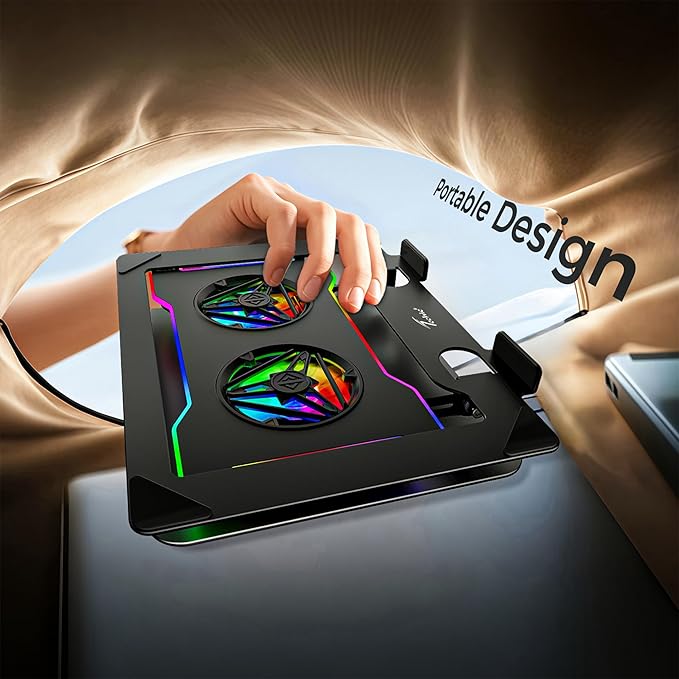 Techie Laptop Cooling Stand Laptops and Tablets, RGB Lighting, 360° Adjustable Swivel, Black, Carbon Steel Construction, Tabletop Mount - Image 3