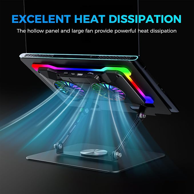 Techie Laptop Cooling Stand Laptops and Tablets, RGB Lighting, 360° Adjustable Swivel, Black, Carbon Steel Construction, Tabletop Mount - Image 4
