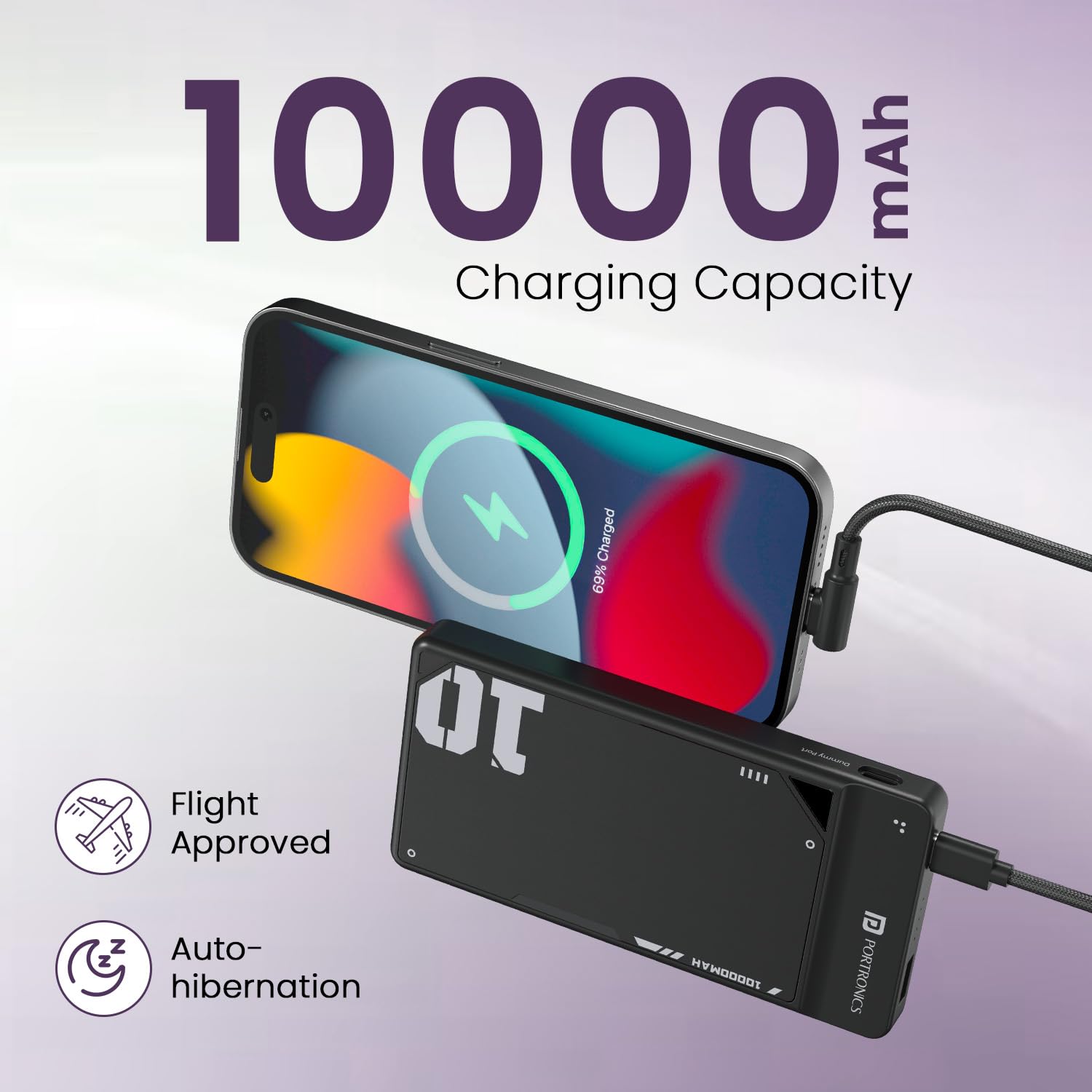 Portronics Luxcell Uno 10K 10000 mAh Fast Charging Power Bank with Detachable Type C Cable, Ultra Slim Power Bank Type C (Black) Portronics Luxcell Uno 10K 10000 mAh Fast Charging Power Bank with Detachable Type C Cable, Ultra Slim Power Bank Type C (Black) - Image 2