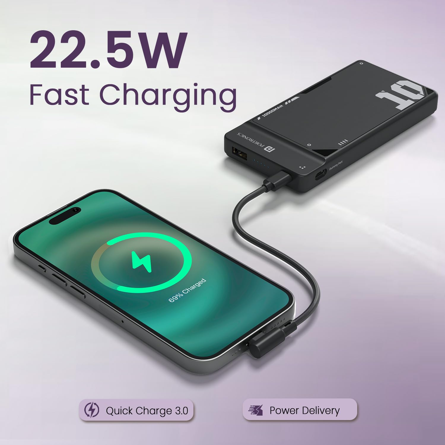 Portronics Luxcell Uno 10K 10000 mAh Fast Charging Power Bank with Detachable Type C Cable, Ultra Slim Power Bank Type C (Black) Portronics Luxcell Uno 10K 10000 mAh Fast Charging Power Bank with Detachable Type C Cable, Ultra Slim Power Bank Type C (Black) - Image 3