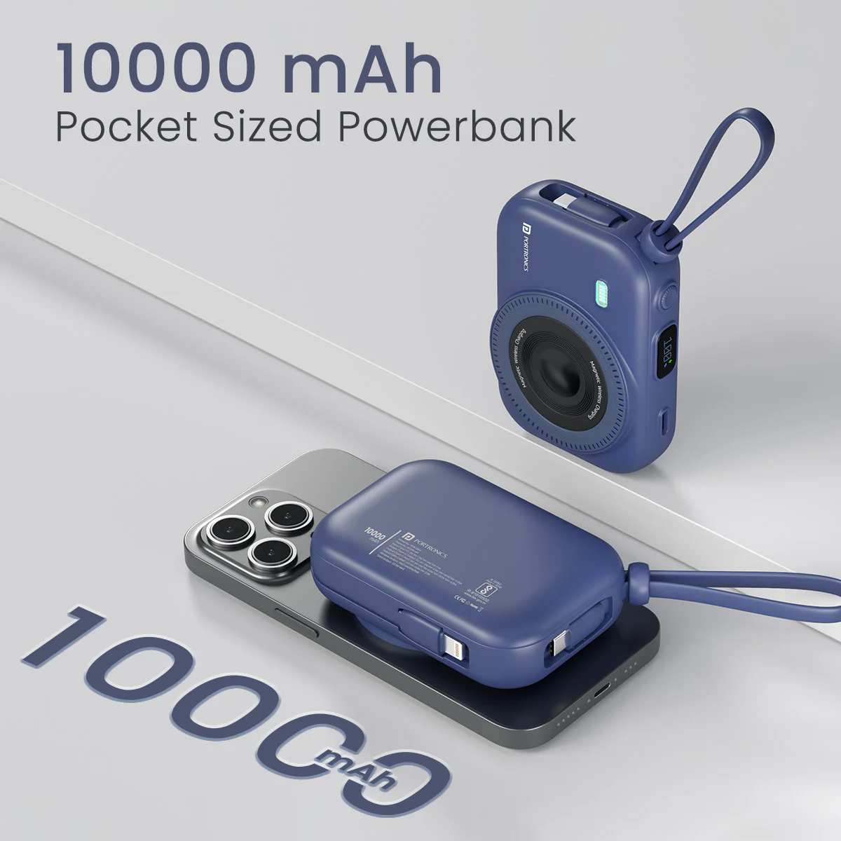 Portronics Power Shutter 10000mAh 15W Magnetic Wireless Fast Charging Power bank Type C PD Output, Type C Bidirectional Port, LED Display (Dark Blue) - Image 1