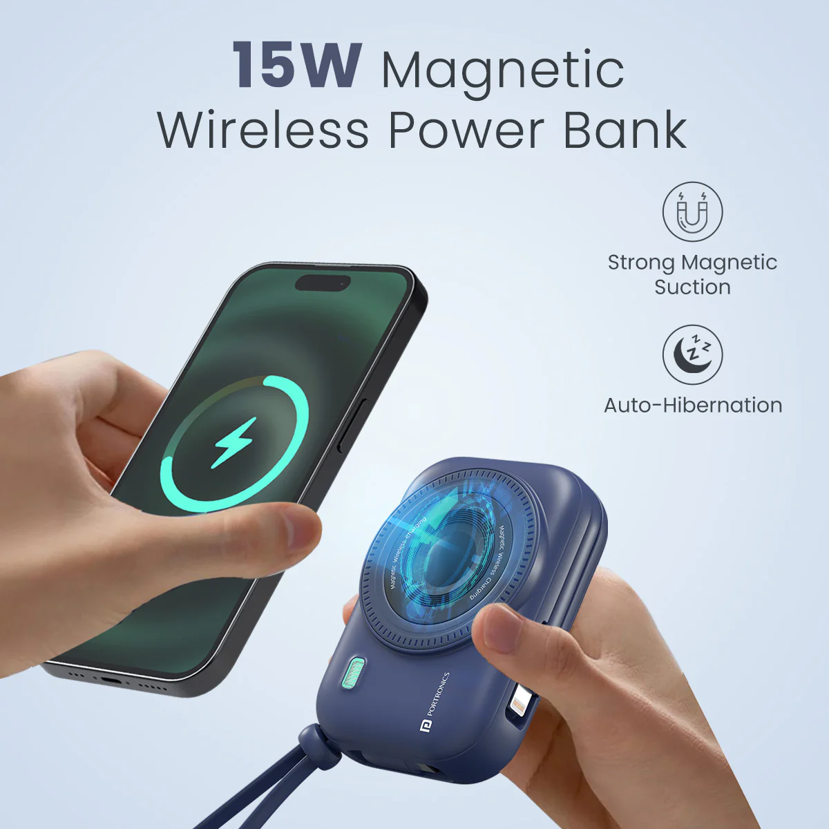 Portronics Power Shutter 10000mAh 15W Magnetic Wireless Fast Charging Power bank Type C PD Output, Type C Bidirectional Port, LED Display (Dark Blue) - Image 3