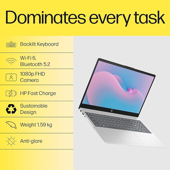 HP 15, AMD Ryzen 5 7520U,(16GB LPDDR5, 512GB SSD) FHD, 15.6'', Win 11, Office 24,Silver, 1.59kg, fc0690au, FHD Camera, Backlit KB Laptop - Image 2
