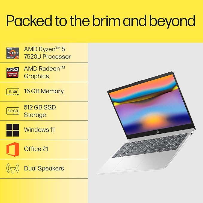 HP 15, AMD Ryzen 5 7520U,(16GB LPDDR5, 512GB SSD) FHD, 15.6'', Win 11, Office 24,Silver, 1.59kg, fc0690au, FHD Camera, Backlit KB Laptop - Image 3