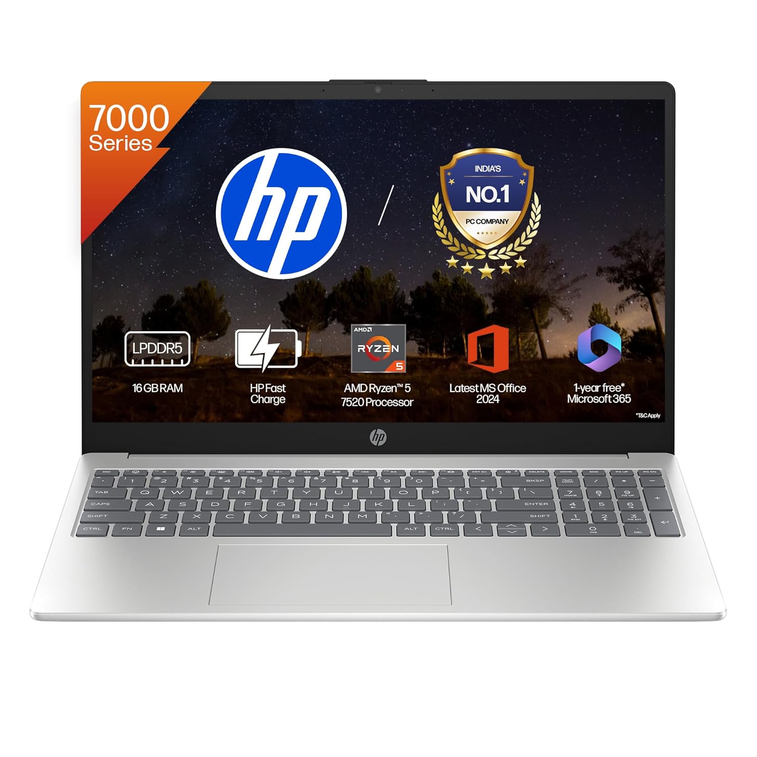 HP 15, AMD Ryzen 5 7520U,(16GB LPDDR5, 512GB SSD) FHD, 15.6'', Win 11, Office 24,Silver, 1.59kg, fc0690au, FHD Camera, Backlit KB Laptop - Image 1