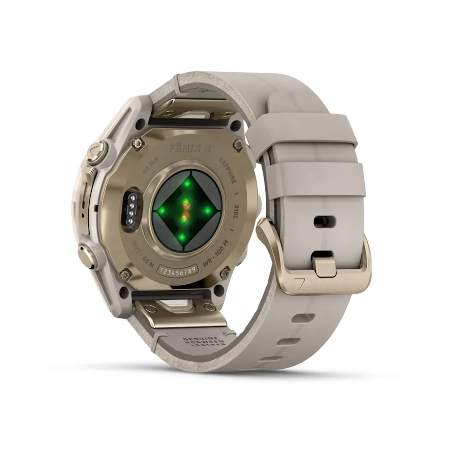 Garmin Fenix 8 43MM-Amoled Sapphire Soft Gold/Fog Gray Leather Band - Image 6