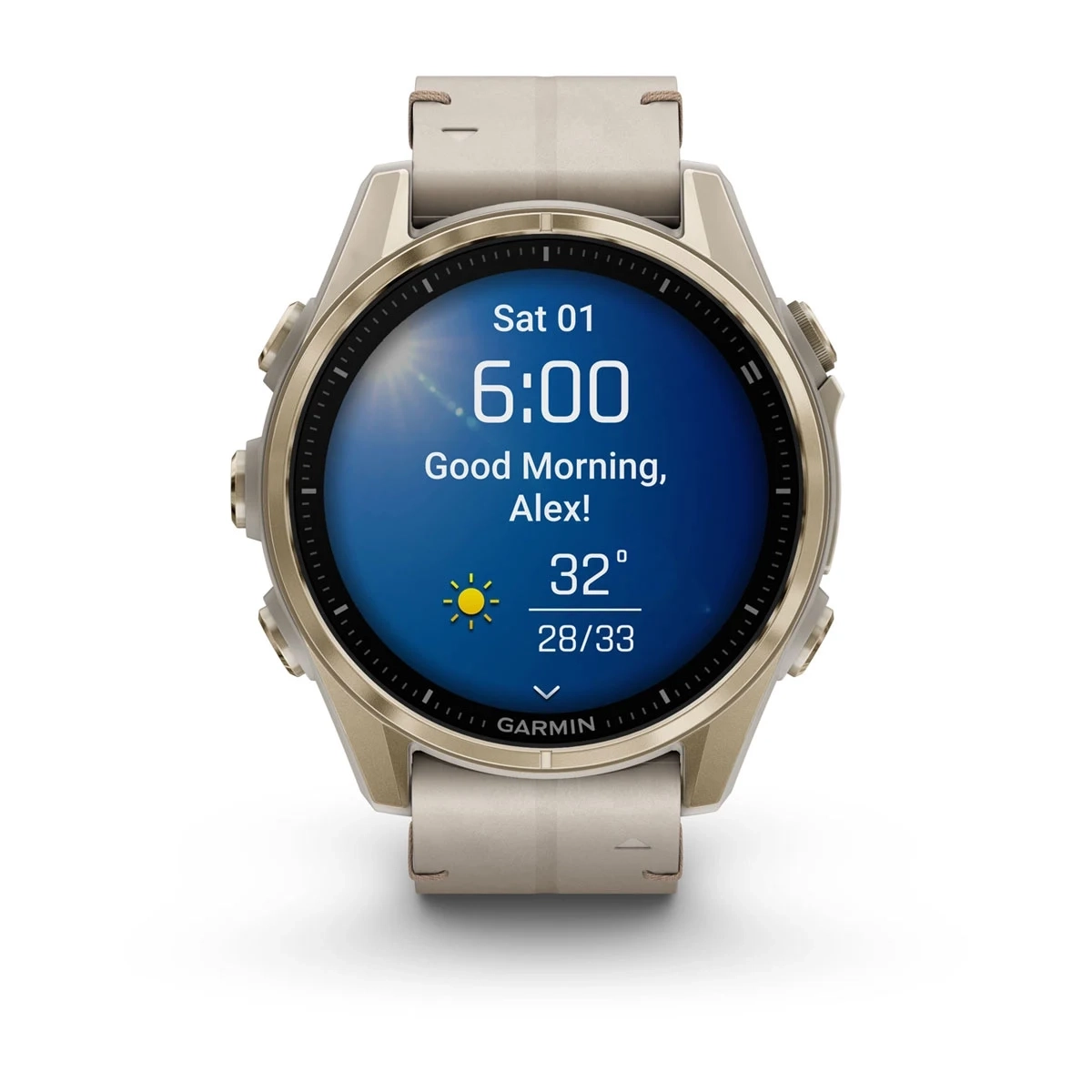 Garmin Fenix 8 43MM-Amoled Sapphire Soft Gold/Fog Gray Leather Band - Image 2