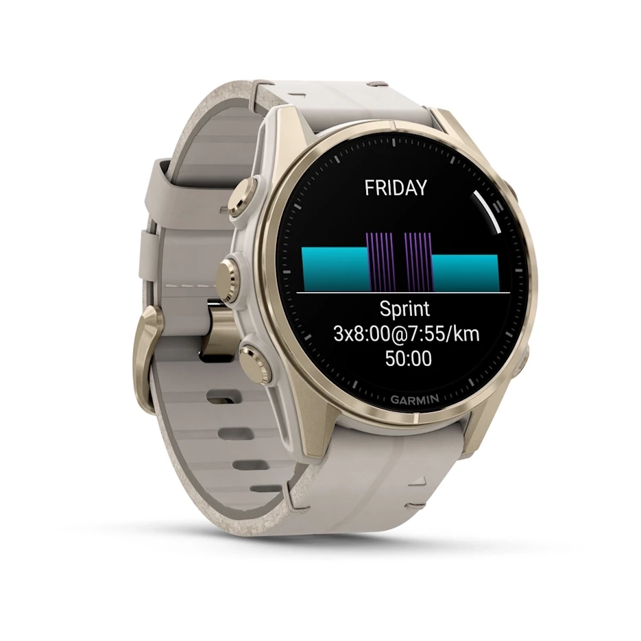 Garmin Fenix 8 43MM-Amoled Sapphire Soft Gold/Fog Gray Leather Band - Image 3